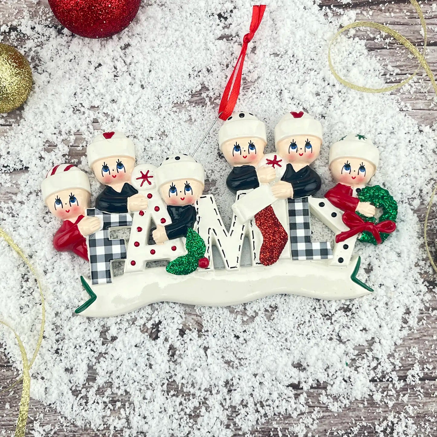 Plaid Family of 6 Christmas Ornament