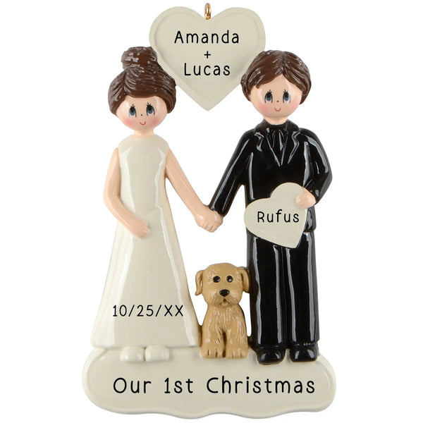 Personalized Wedding Ornament Couple Dog 1st Christmas heartwarming newlywed ornament with dog and year
