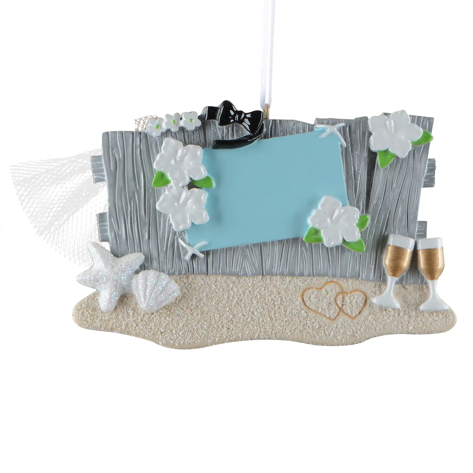 Beach wedding personalized Christmas ornament shown blank, driftwood beach sign with veil and champagne flutes, ready to add two names and a wedding date