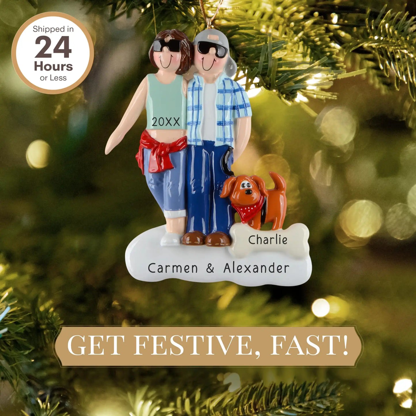 Cool Couple with Brown Dog Personalized Ornament