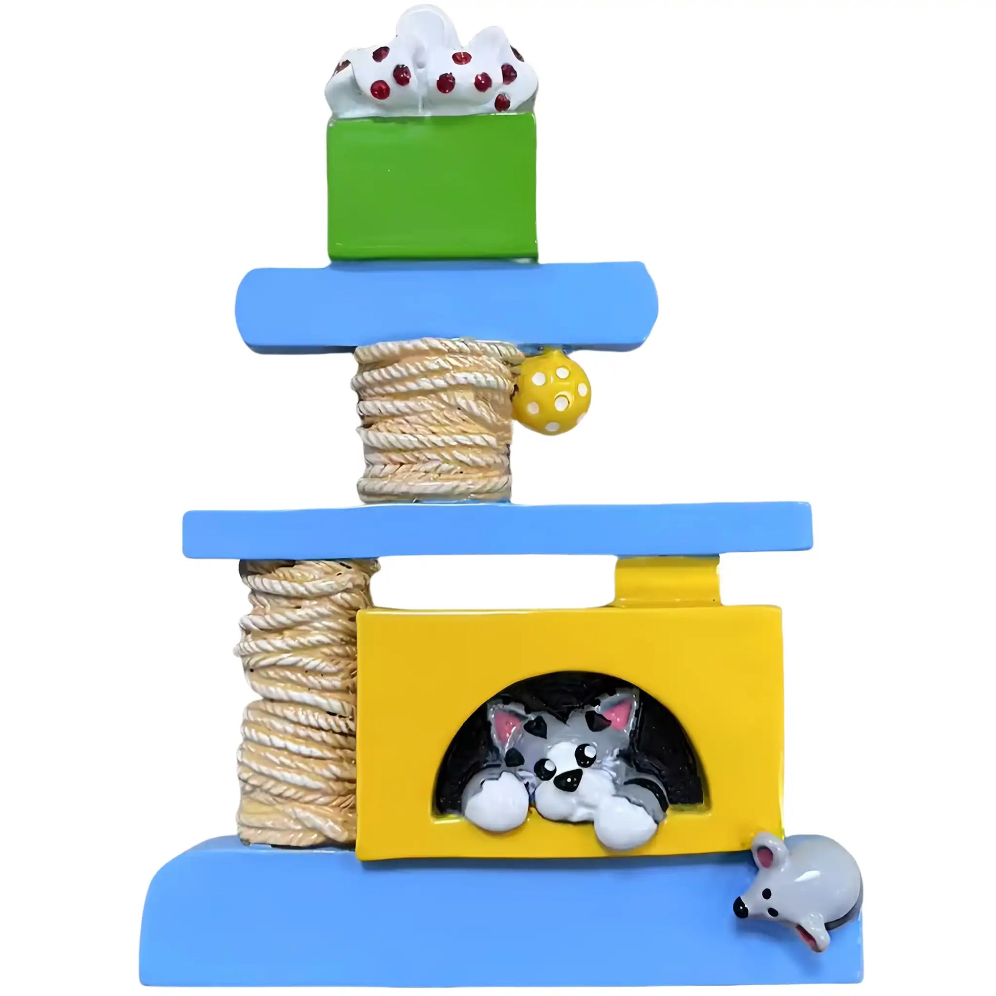 Cat tree Christmas ornament with kitten in yellow cubby, rope scratching posts, dangling toy ball and mouse detail.