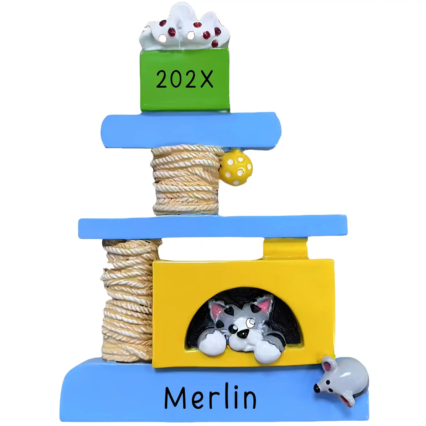 Personalized cat tree Christmas ornament with kitten in yellow cubby, rope scratching posts, dangling toy ball, mouse detail, custom name Merlin and year 202X.