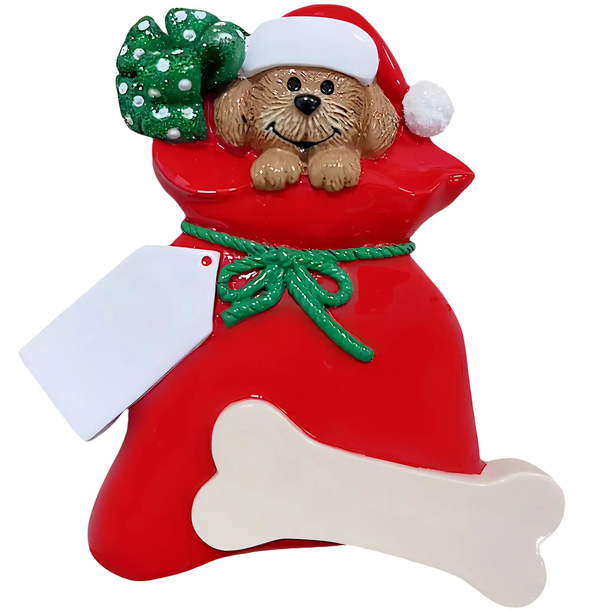 Custom first Christmas puppy ornament with laser engraved name on gift tag and year on bone, perfect new dog keepsake