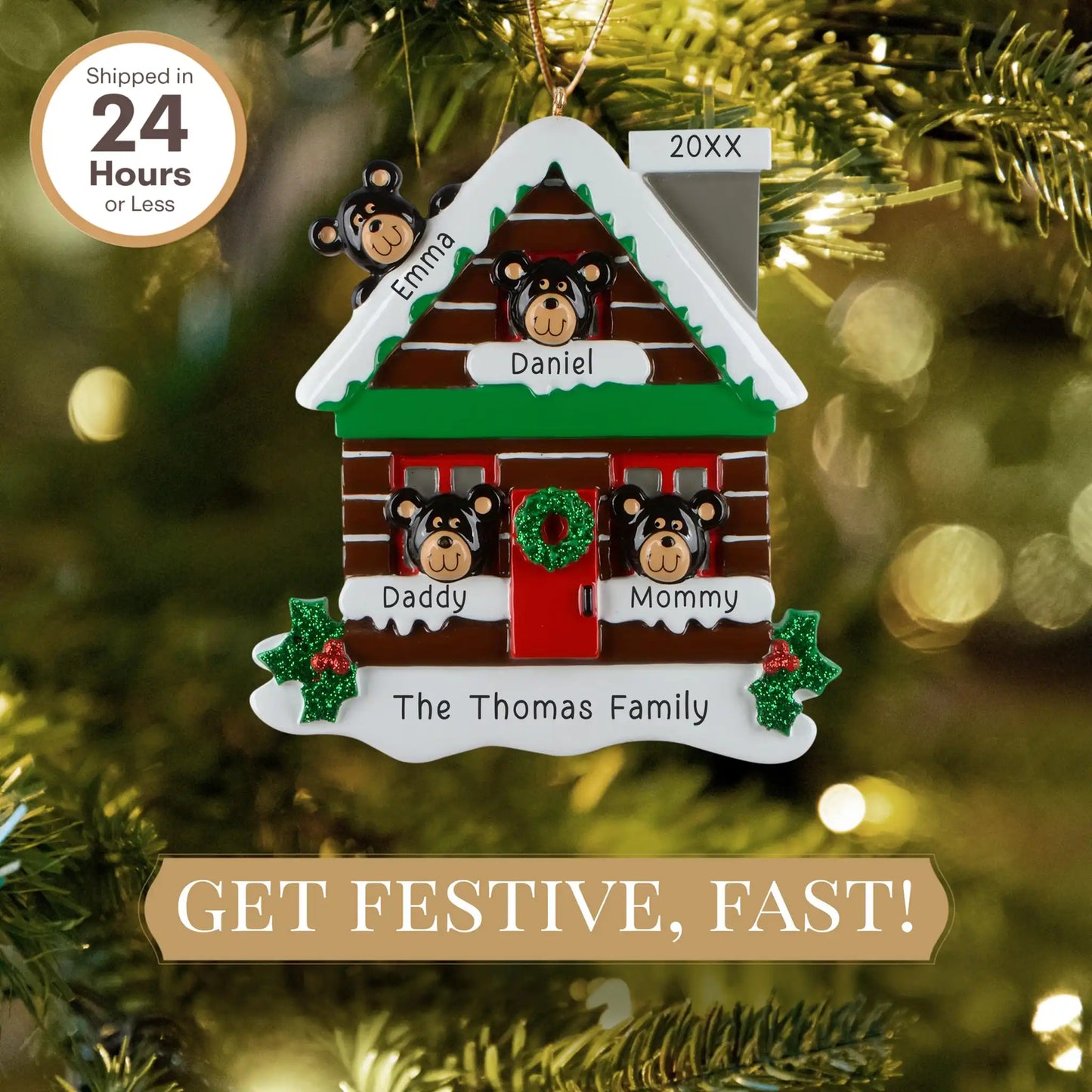 Mountain Cabin Family of 4 Personalized Ornament