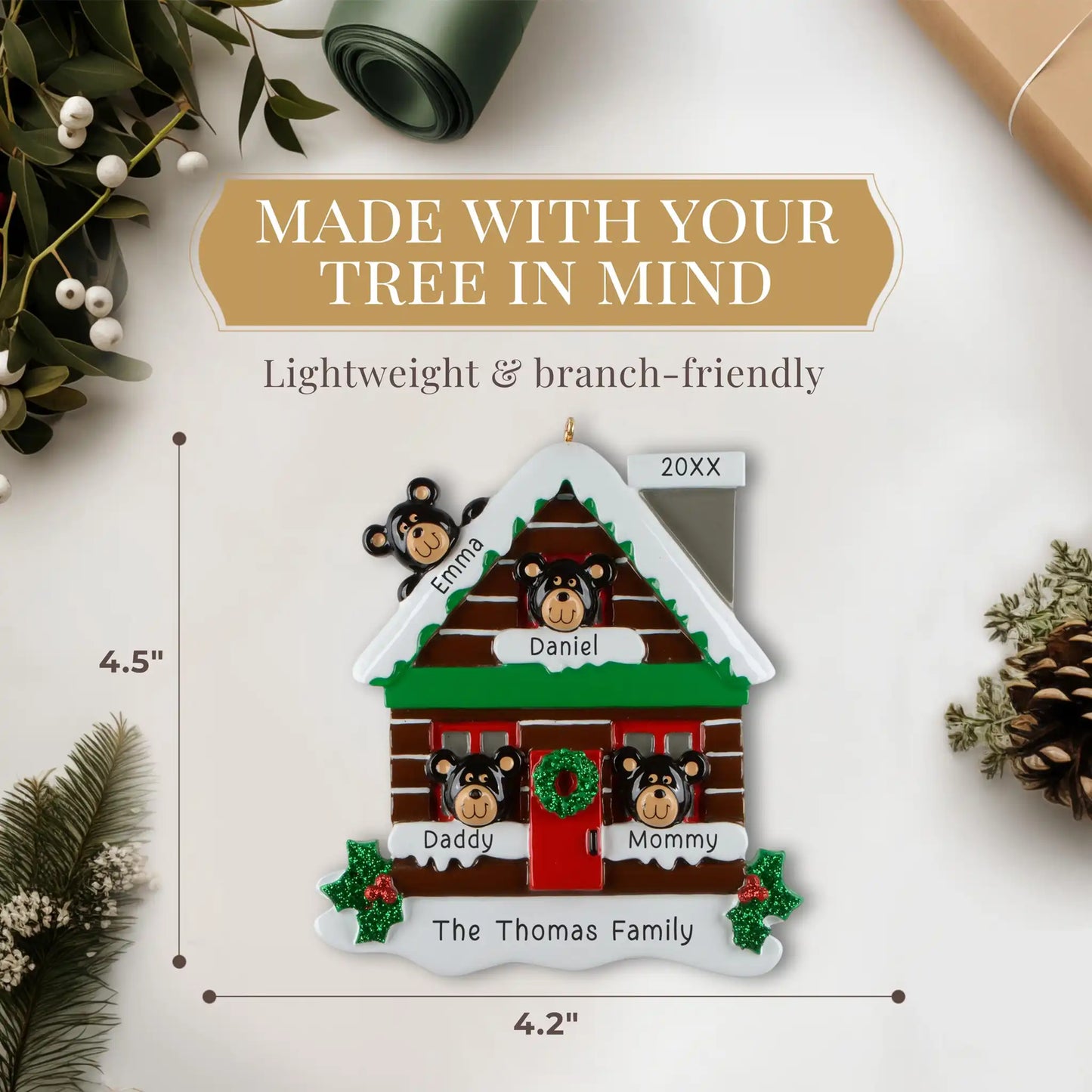 Mountain Cabin Family of 4 Personalized Ornament