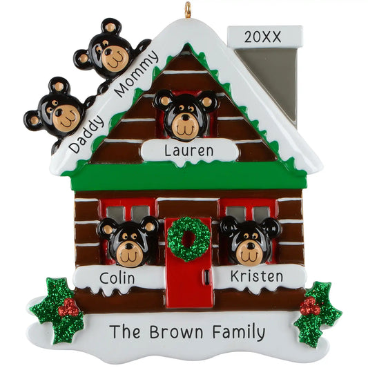 Mountain Cabin Family of 5 Personalized Ornament