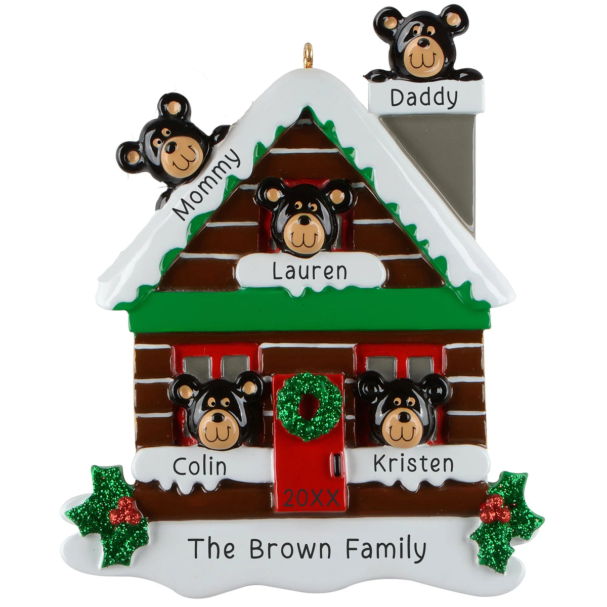 Mountain Cabin Family of 5 Personalized Ornament
