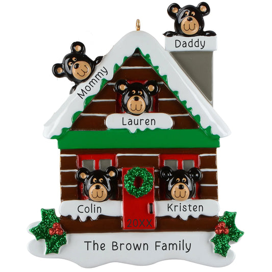 Mountain Cabin Family of 5 Personalized Ornament