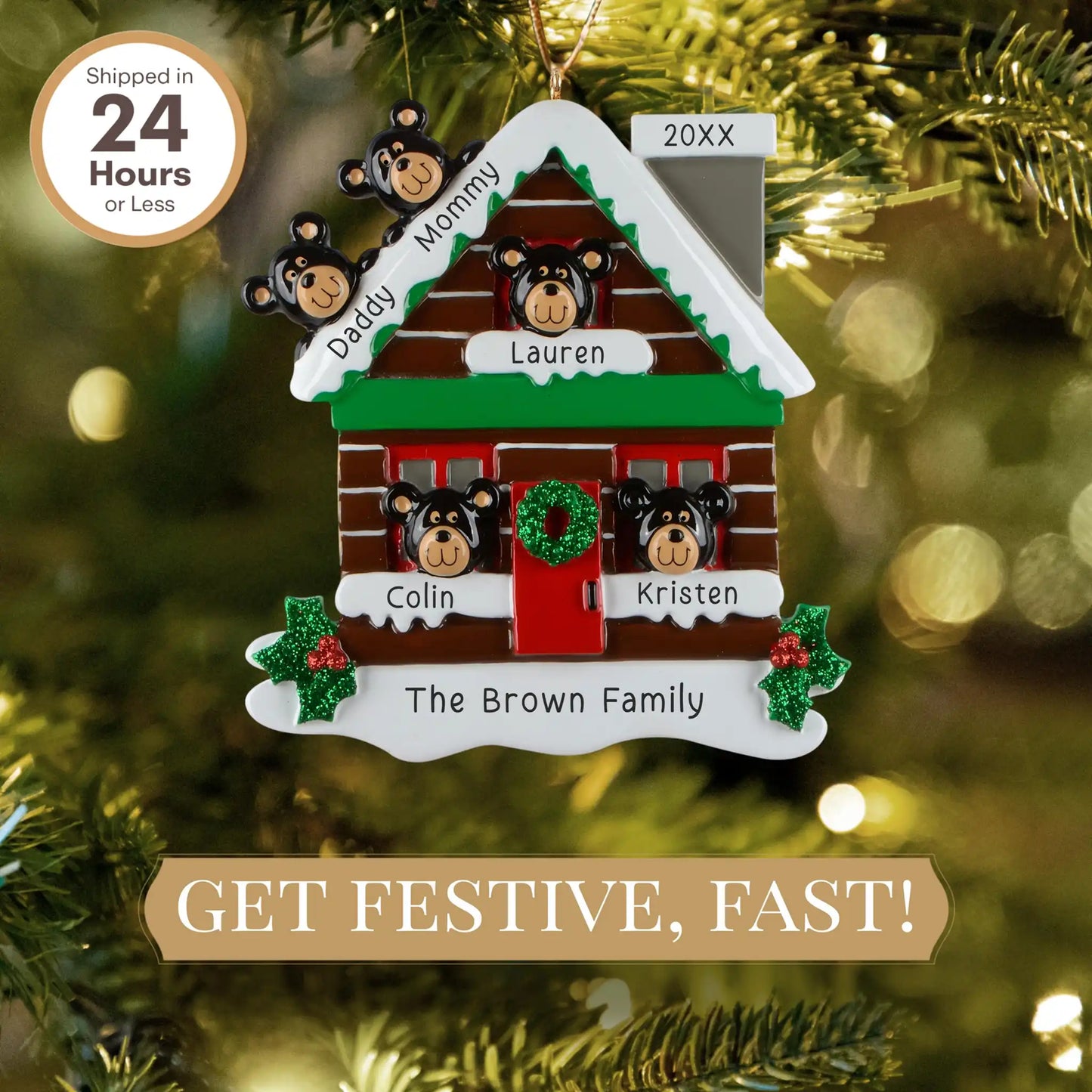 Mountain Cabin Family of 5 Personalized Ornament