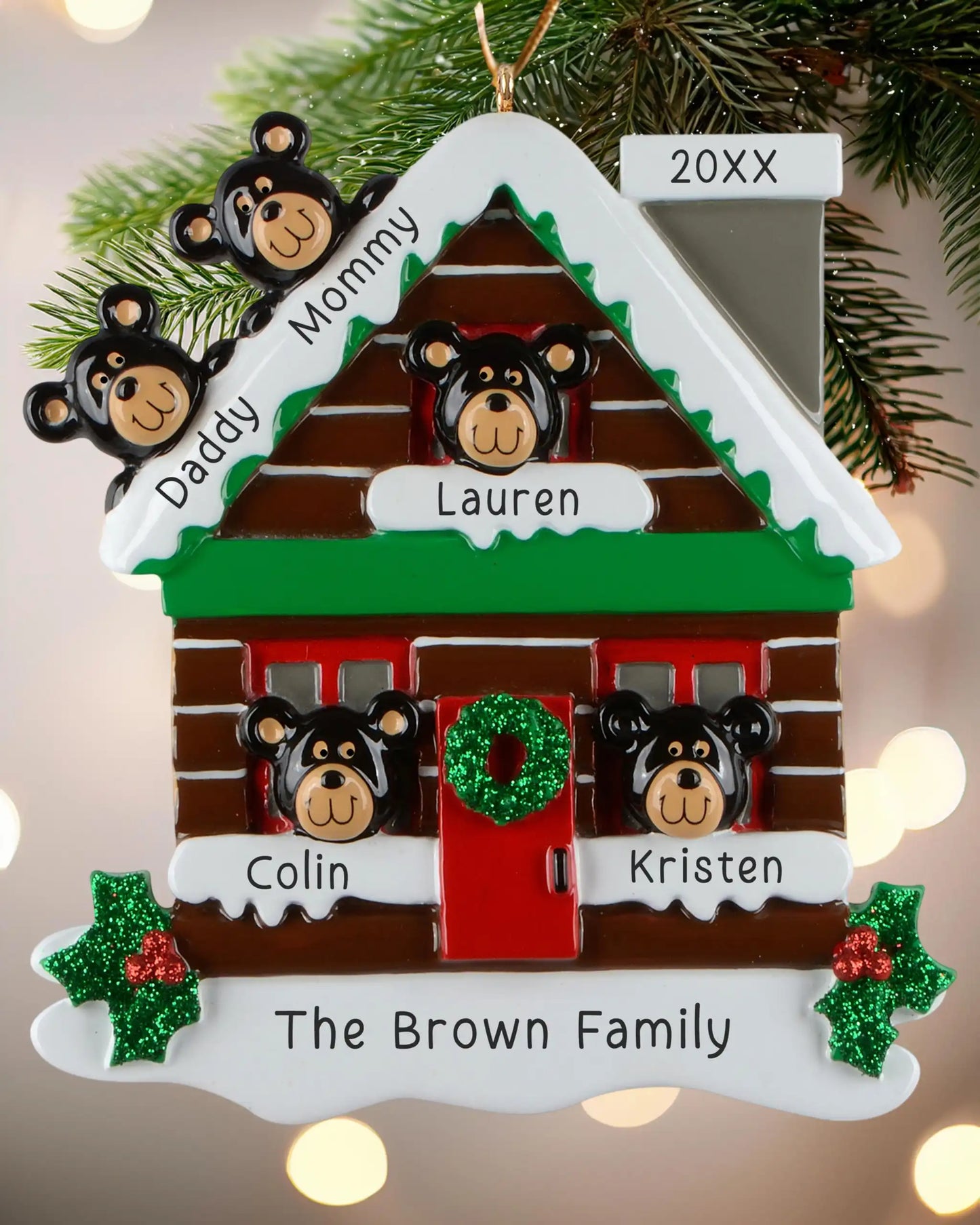 Mountain Cabin Family of 5 Personalized Ornament