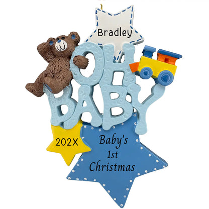 Personalized baby boy 1st Christmas ornament with blue Oh Baby lettering, teddy bear, toy train, and star accents, customizable with name and year