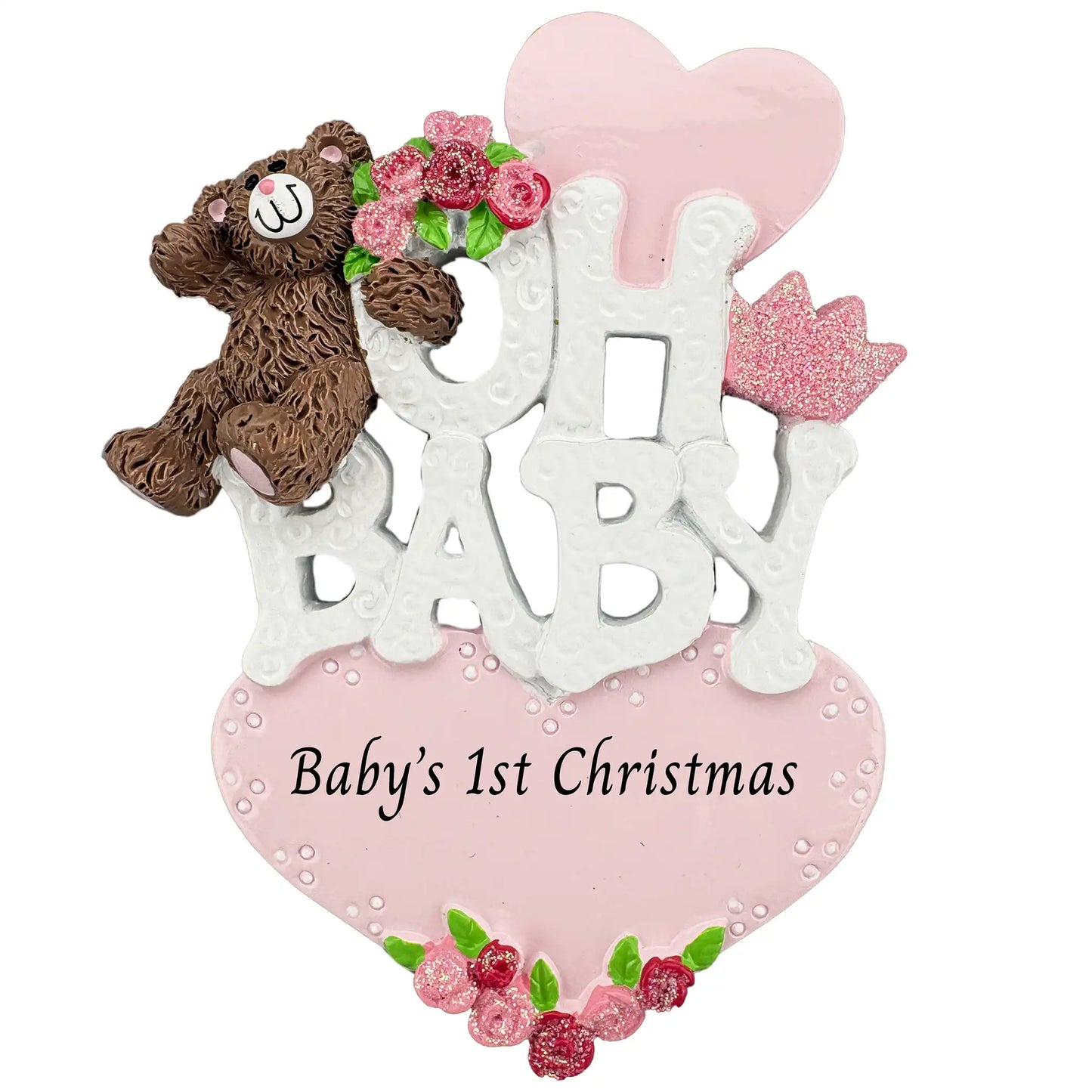 Personalized baby girl 1st Christmas ornament with white Oh Baby lettering, teddy bear, pink flowers, and heart base reading Baby’s 1st Christmas