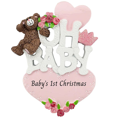 Personalized baby girl 1st Christmas ornament with white Oh Baby lettering, teddy bear, pink flowers, and heart base reading Baby’s 1st Christmas