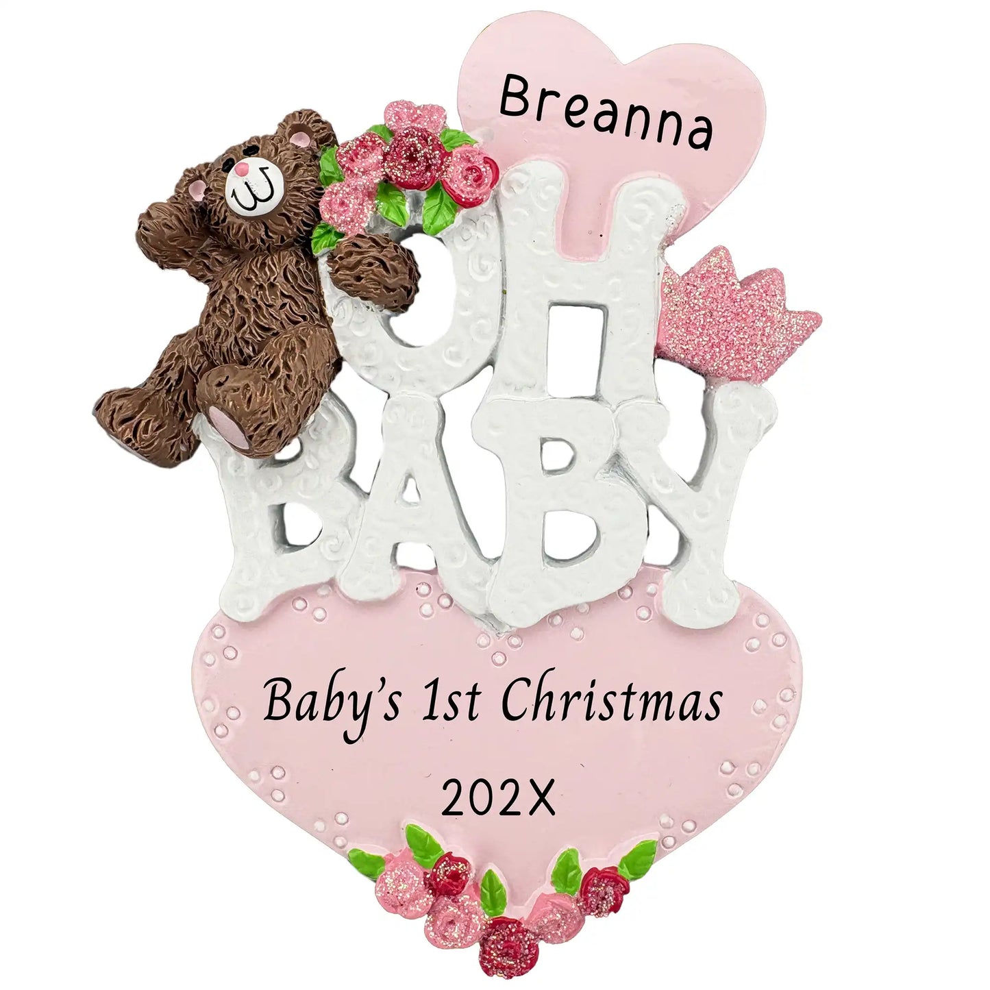 A personalized white Oh Baby Christmas ornament for a girl with a brown teddy bear, pink roses, and a glittery crown with space for custom engraved names.