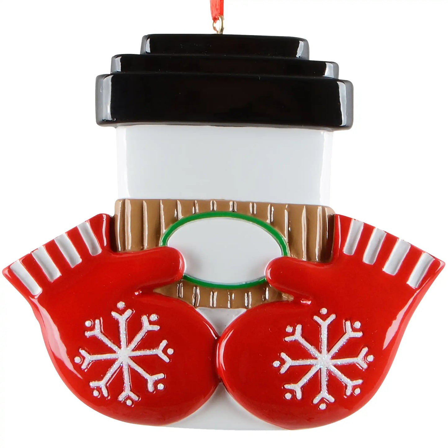 Christmas ornament shaped like a coffee cup with red mittens and snowflake designs on a white background