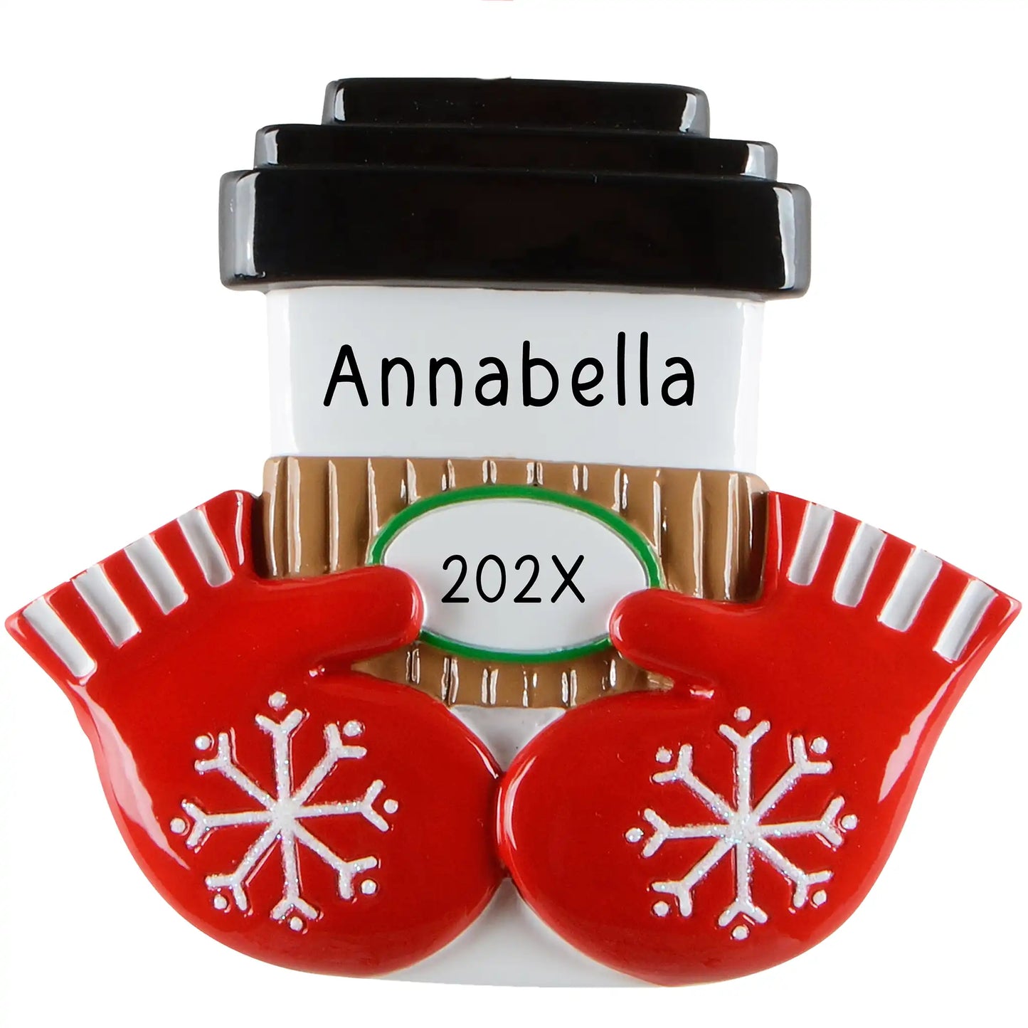 A personalized Christmas ornament of a white coffee cup with a black lid and brown sleeve held by red snowflake mittens, featuring space for custom names.