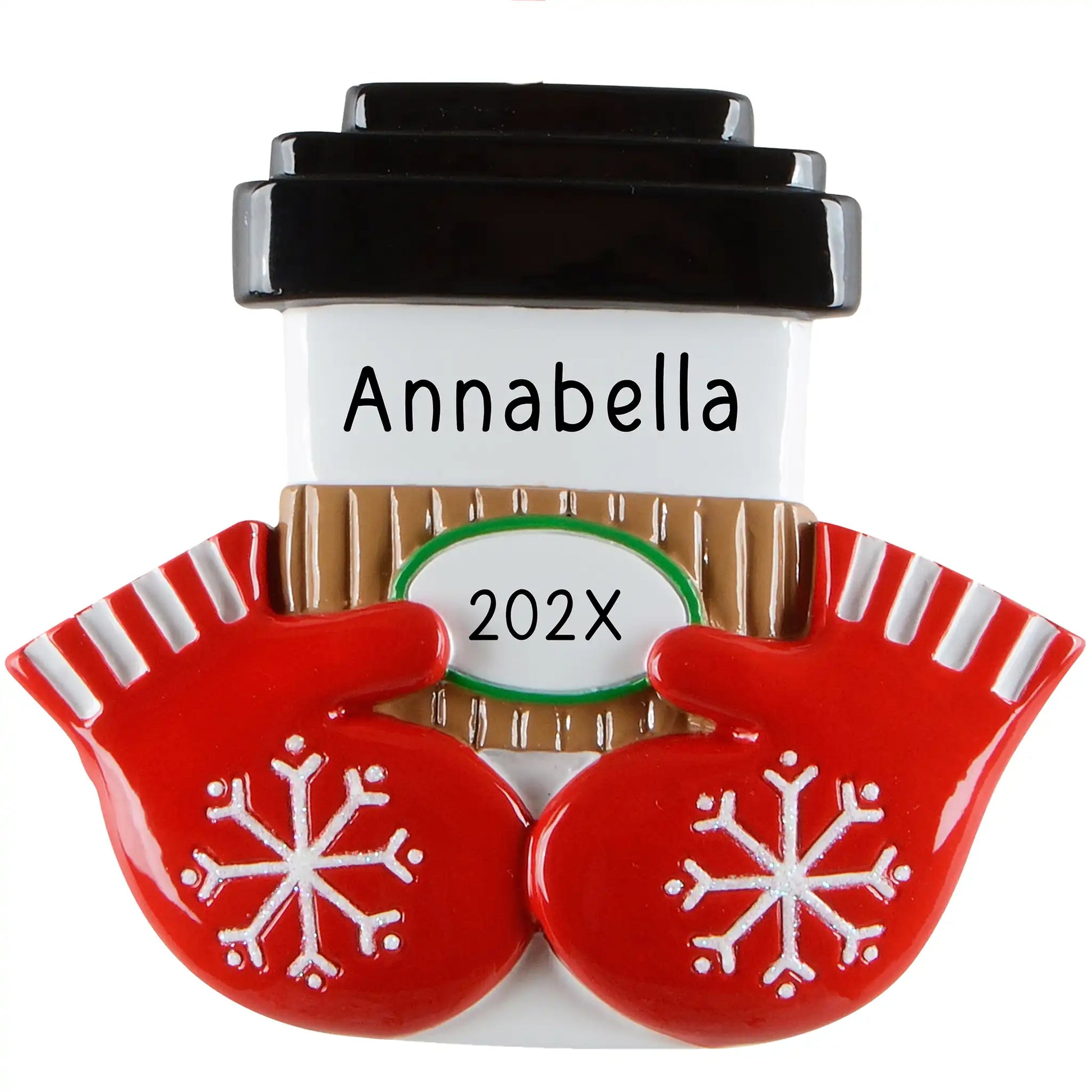 A personalized Christmas ornament of a white coffee cup with a black lid and brown sleeve held by red snowflake mittens, featuring space for custom names.