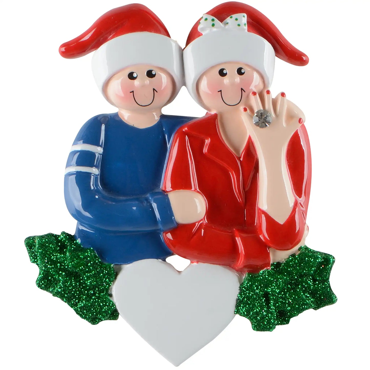 Personalized engaged Christmas ornament with couple in Santa hats and blank heart, customizable with names and year