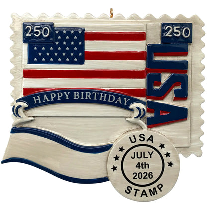 Decorative ornament with American flag design, 'Happy Birthday USA', and 'USA July 4th 2026 Stamp' text.