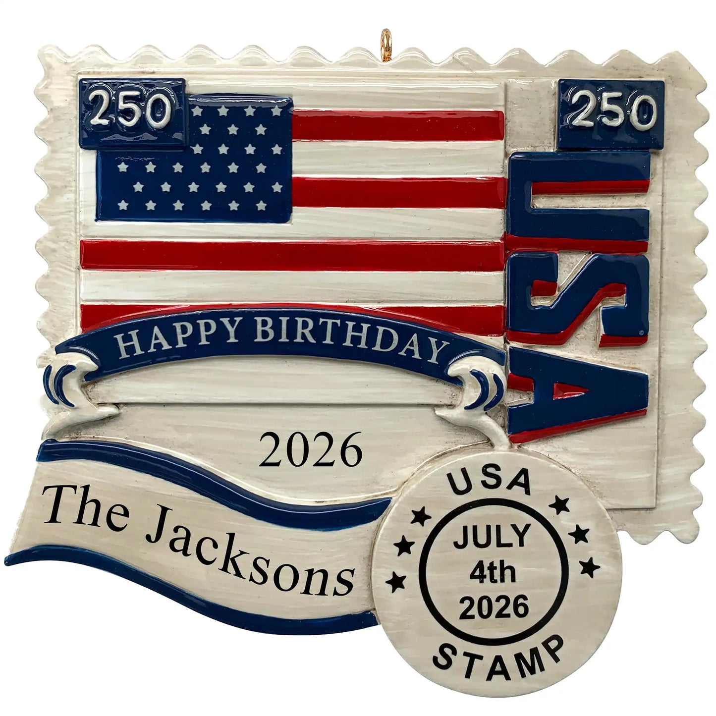 Personalized USA stamp Christmas ornament with American flag, USA lettering, and July 4th stamp detail, customizable with name and year.