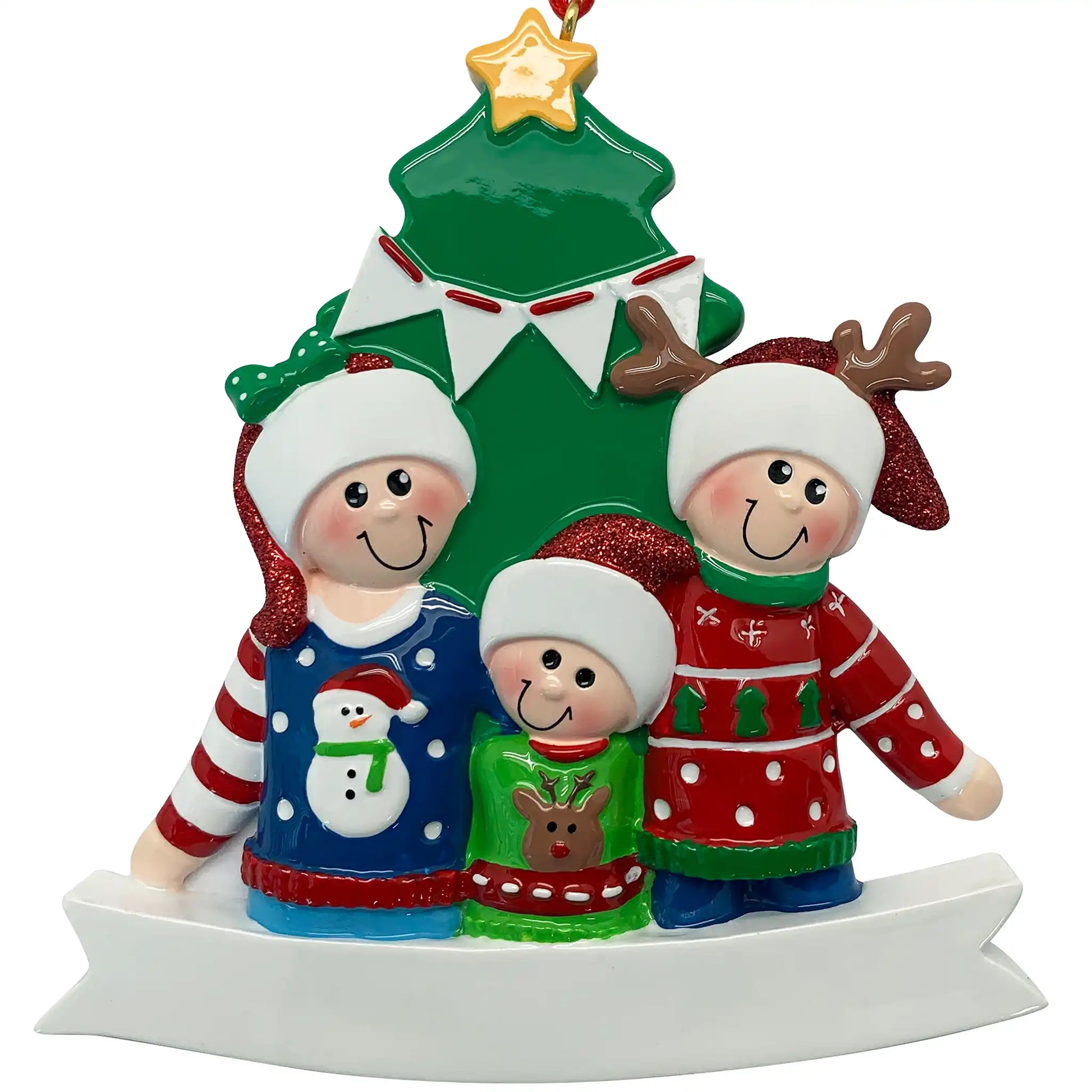 A personalized Christmas ornament of a family of three in colorful ugly sweaters in front of a Christmas tree, featuring a white banner for custom engraving.