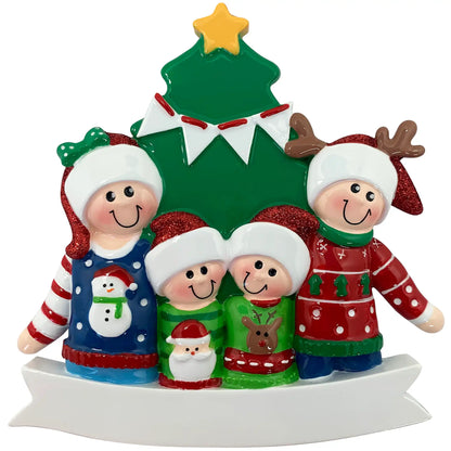 Personalized ugly sweater family of 4 Christmas ornament with four figures in festive sweaters in front of a Christmas tree, customizable with names and year