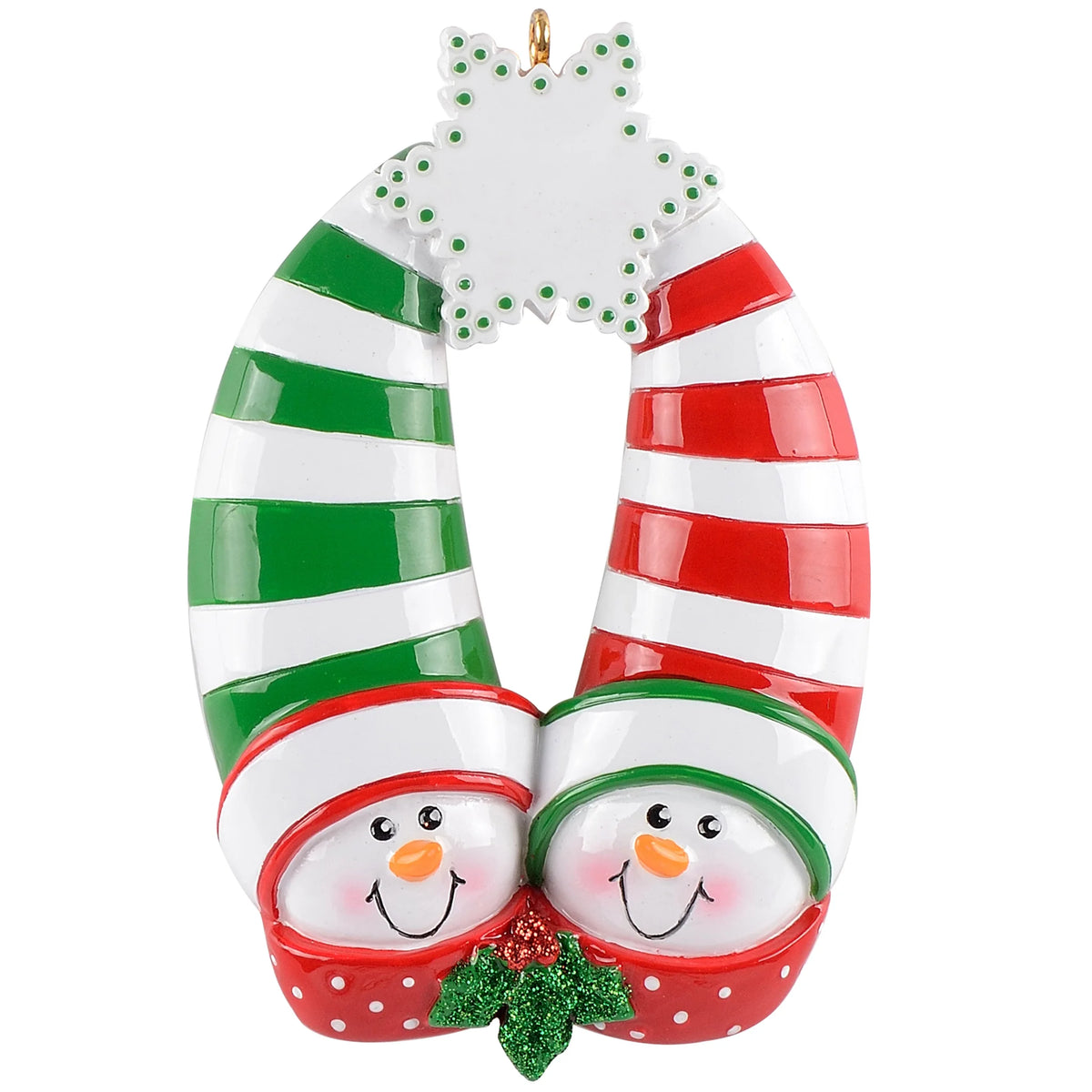 Snowflake couple personalized Christmas ornament shown blank, two snowmen in long striped caps meeting at a white snowflake