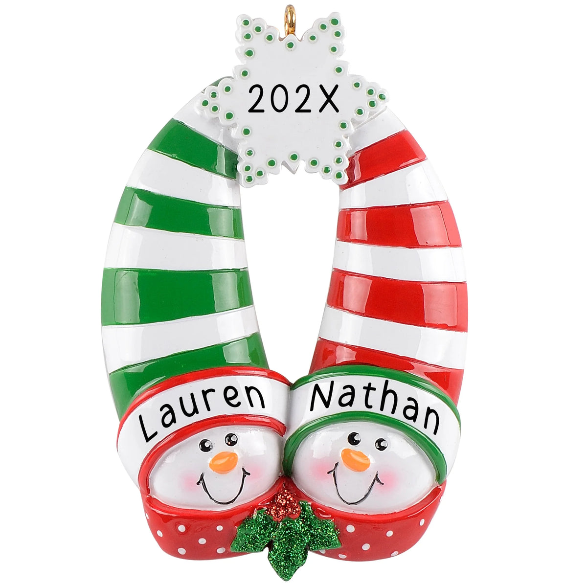 Personalized couple Christmas ornament with two snowmen in green and red striped hats, a name engraved on each hat band and the year in the snowflake