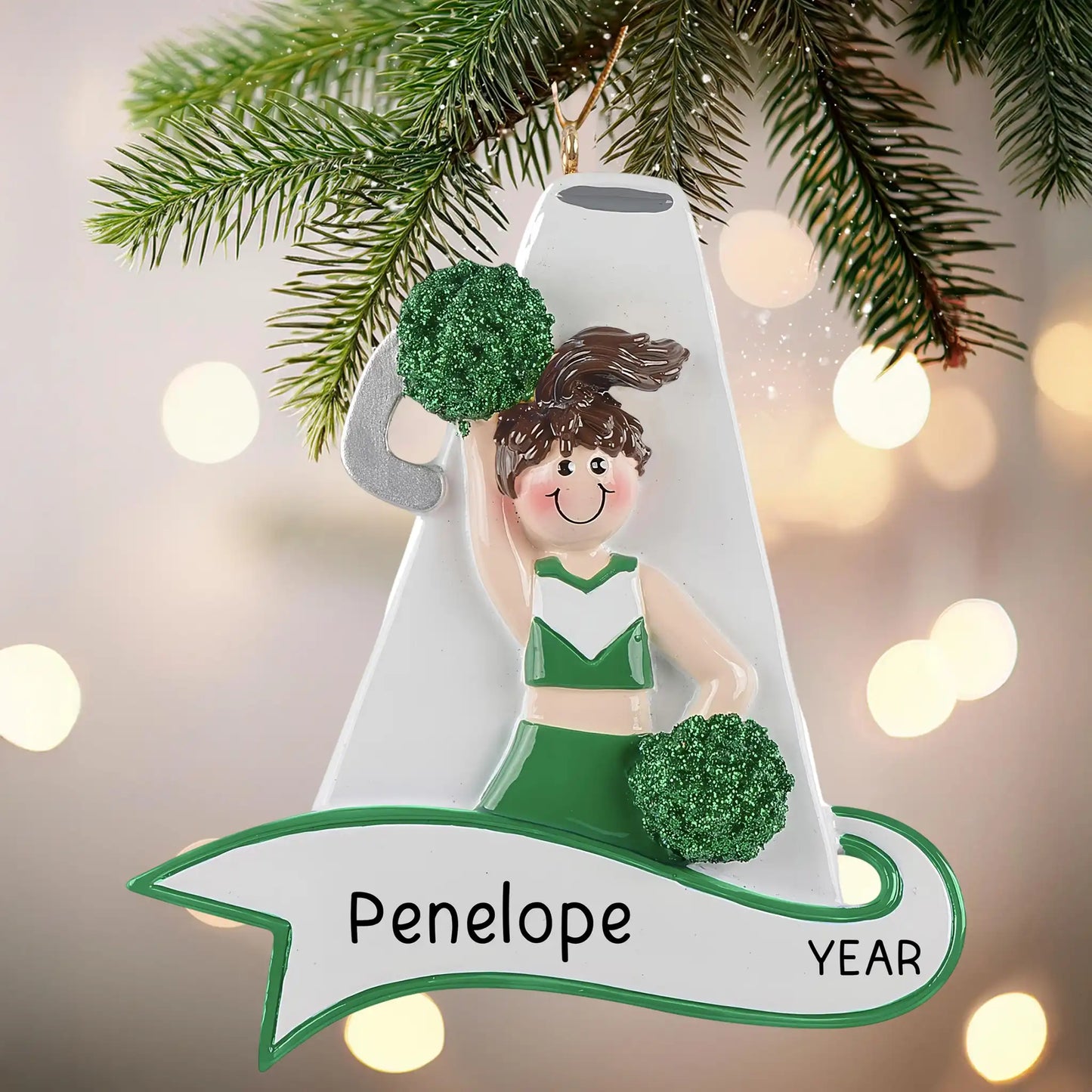 Cheerleader Green Megaphone Christmas Ornament