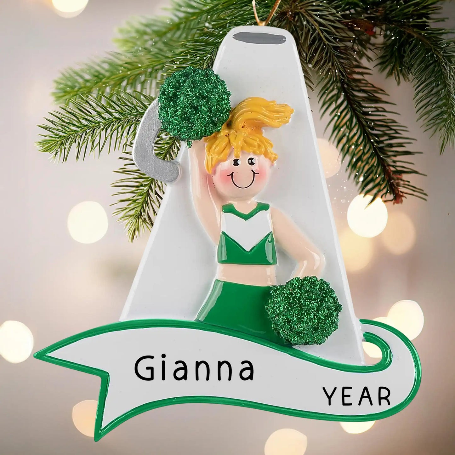 Adorno navideño con megáfono verde de animadora - Rubio 