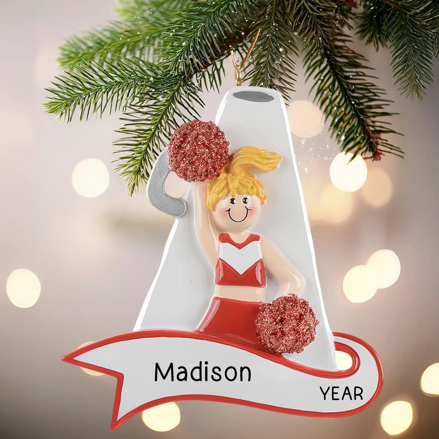 Cheerleader Red Megaphone Christmas Ornament - Blonde