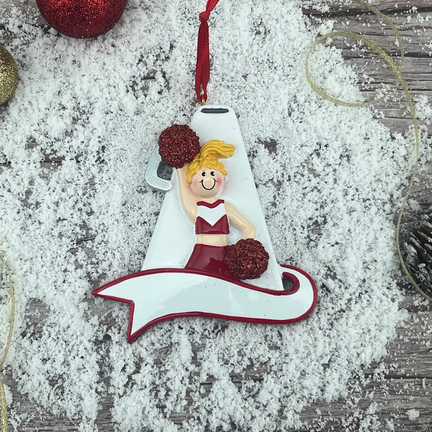 Cheerleader Red Megaphone Christmas Ornament - Blonde