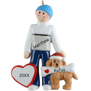 Personalized man and dog Christmas ornament, a guy in a winter hat with his pup in a Santa hat