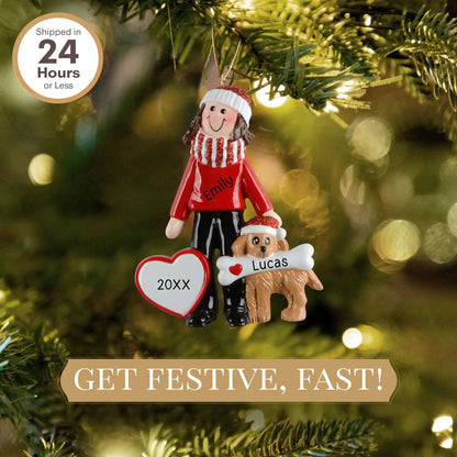 Adorno personalizado de mujer con perro