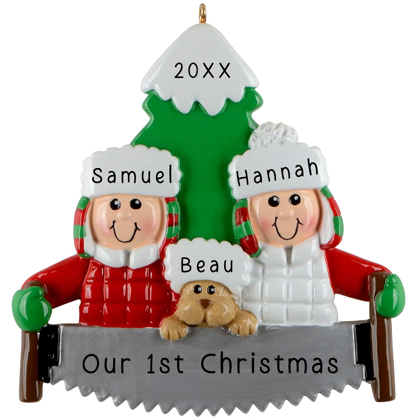 A personalized resin ornament featuring a couple in winter clothing with a dog, standing in front of a Christmas tree. The ornament includes customizable text for names and a year.