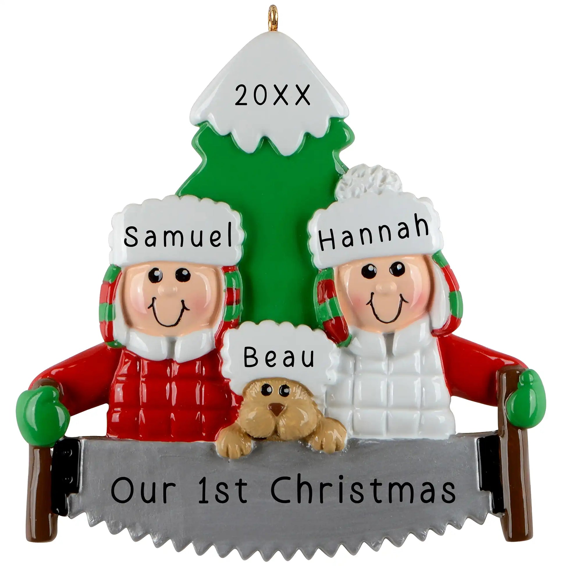 A personalized resin ornament featuring a couple in winter clothing with a dog, standing in front of a Christmas tree. The ornament includes customizable text for names and a year.