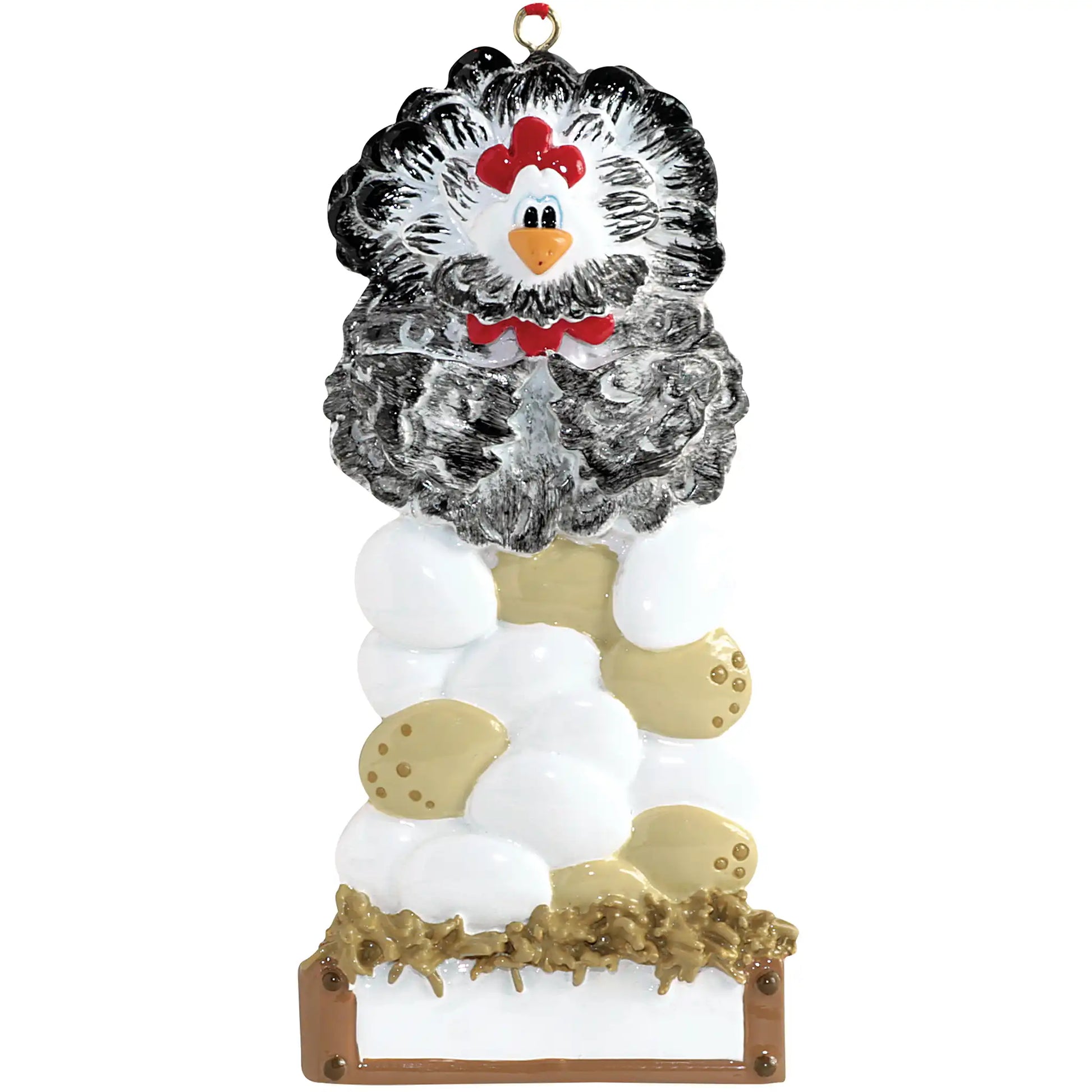 Custom hen ornament with laser engraved name and year on base plaque, gold hanging loop included
