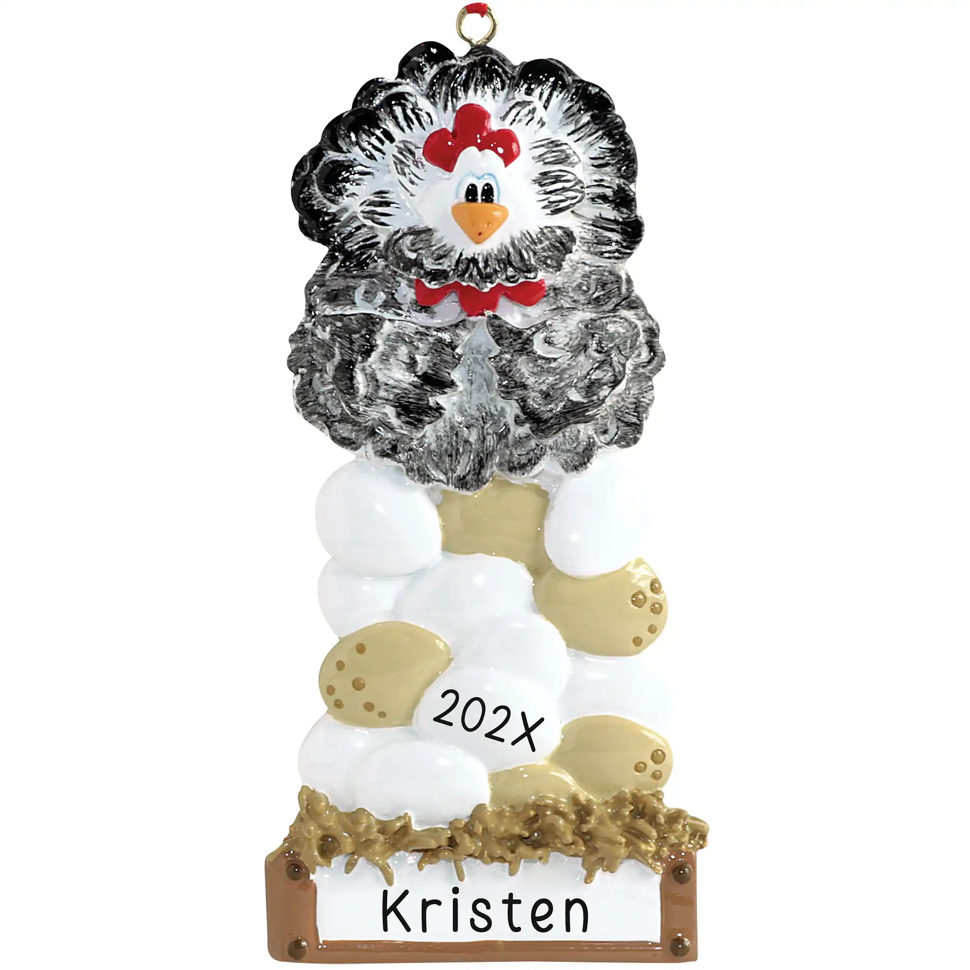 Personalized chicken ornament with black and white hen sitting on nest of eggs, custom name and year engraved on wooden sign at base