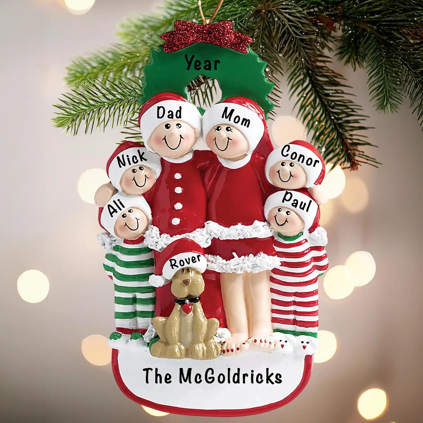 Christmas Family Of 6 With Dog Christmas Ornament