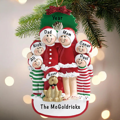 Christmas Family Of 6 With Dog Christmas Ornament
