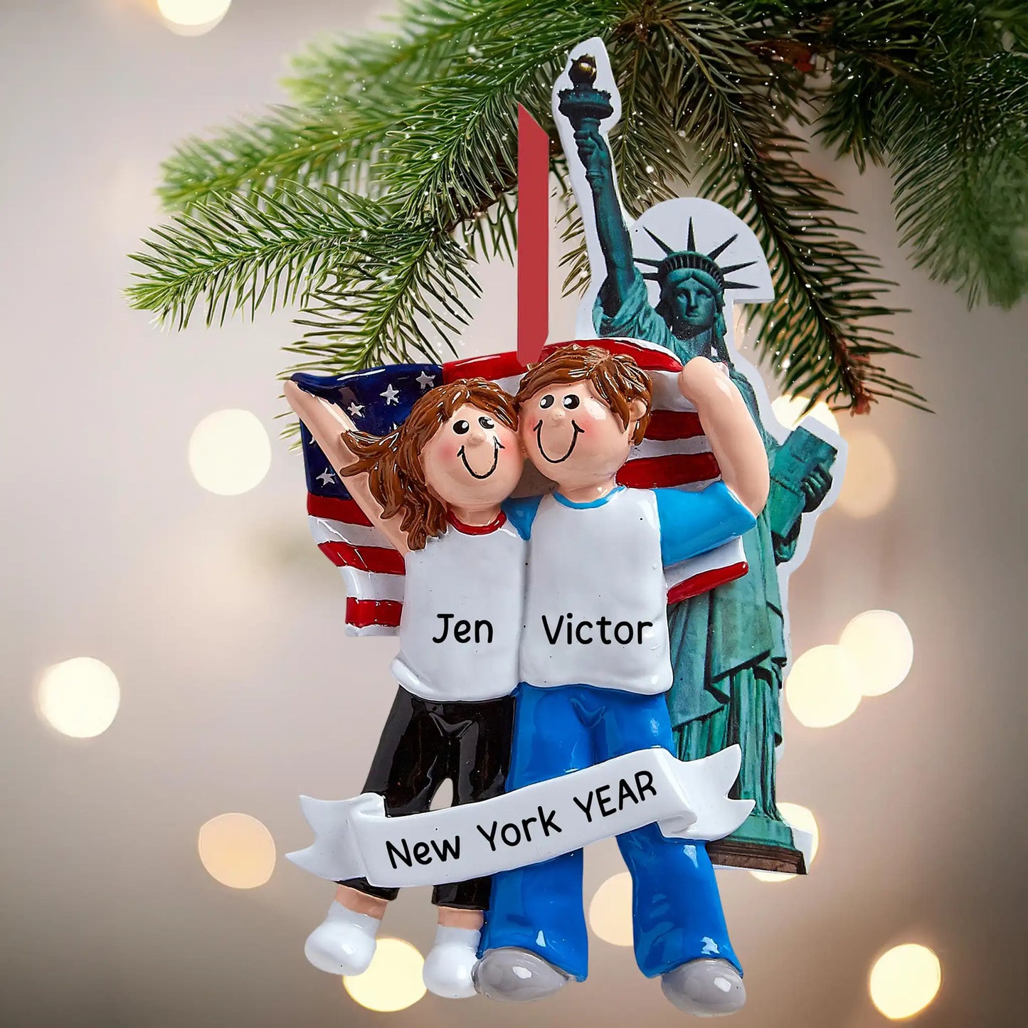 Adorno navideño de pareja de Nueva York 