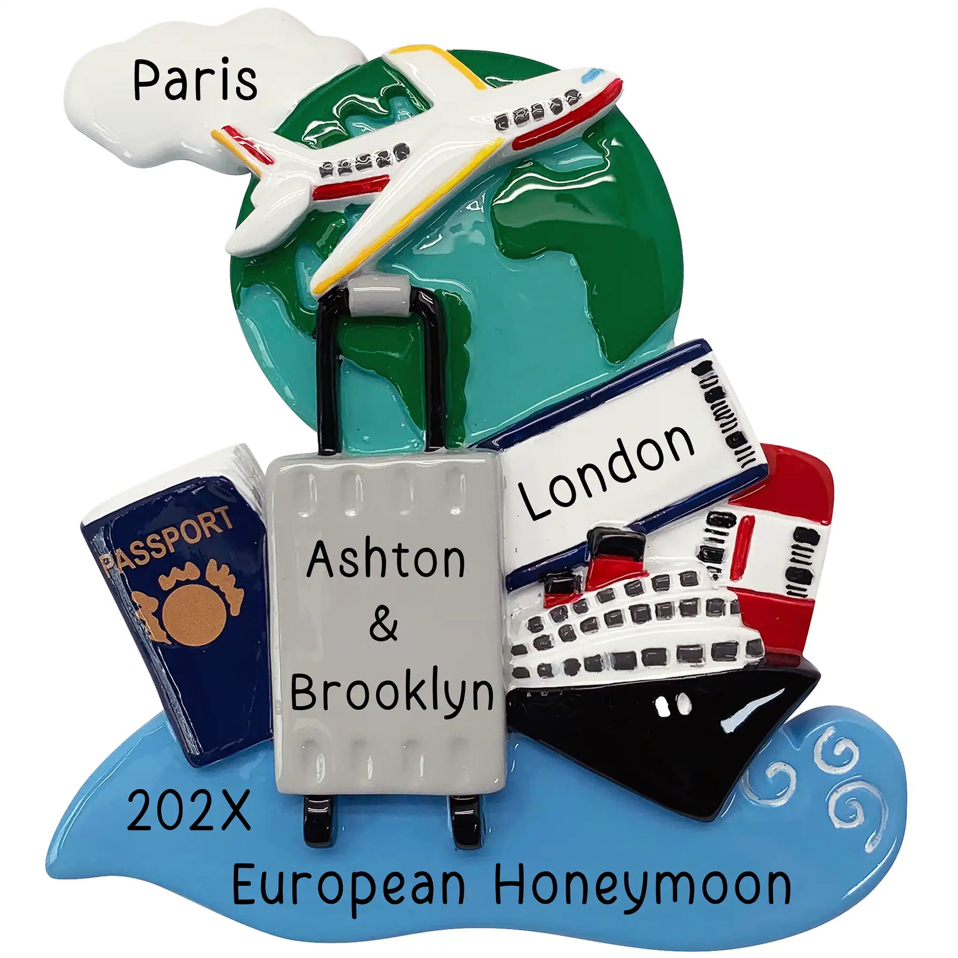 A personalized Christmas ornament for travelers featuring a globe, airplane, cruise ship, ticket, and a suitcase with spaces for custom engraved names.