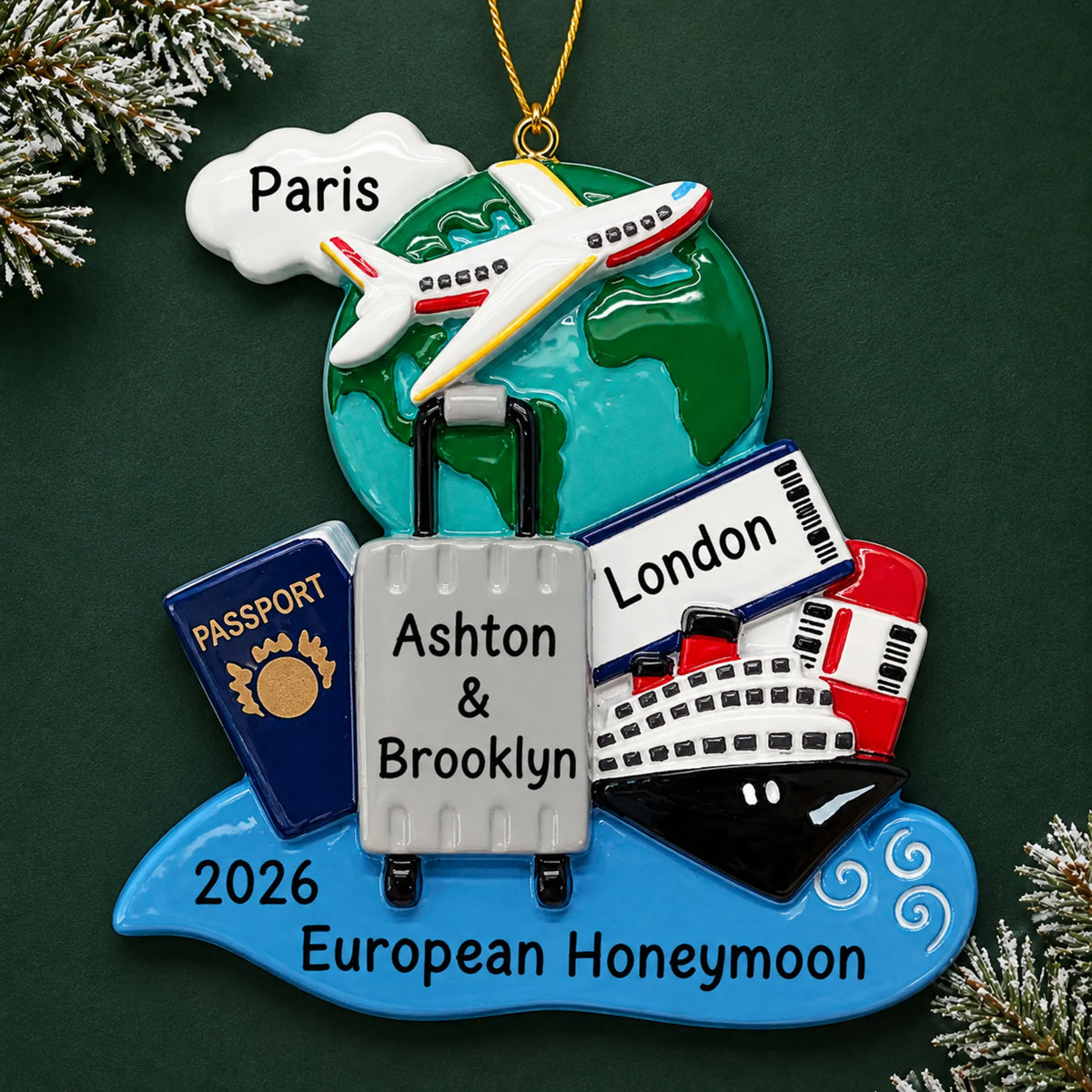 Personalized world traveler passport christmas ornament on a dark green pine background