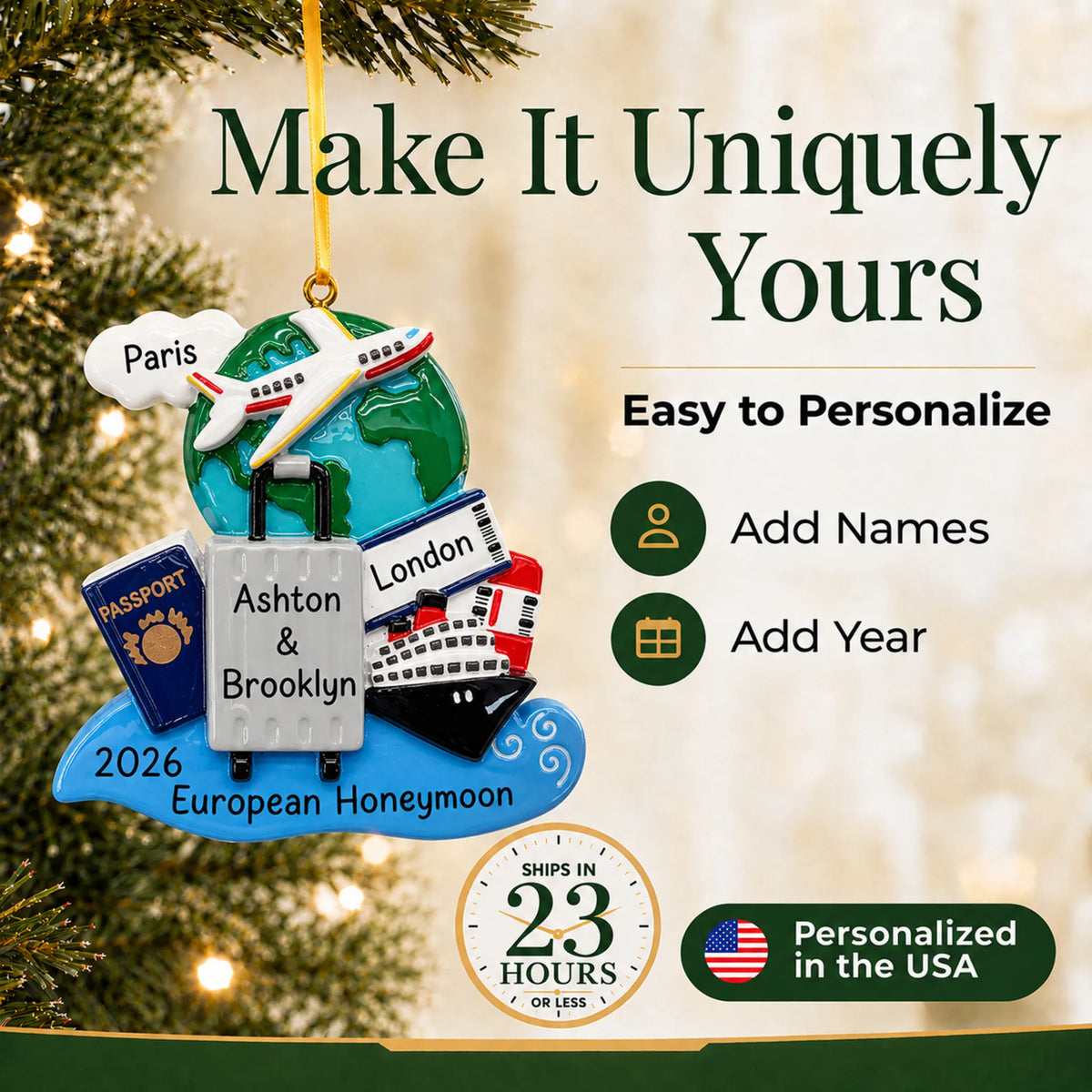 Make it yours: add names and year to the personalized world traveler passport christmas ornament