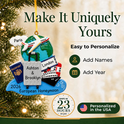 Make it yours: add names and year to the personalized world traveler passport christmas ornament
