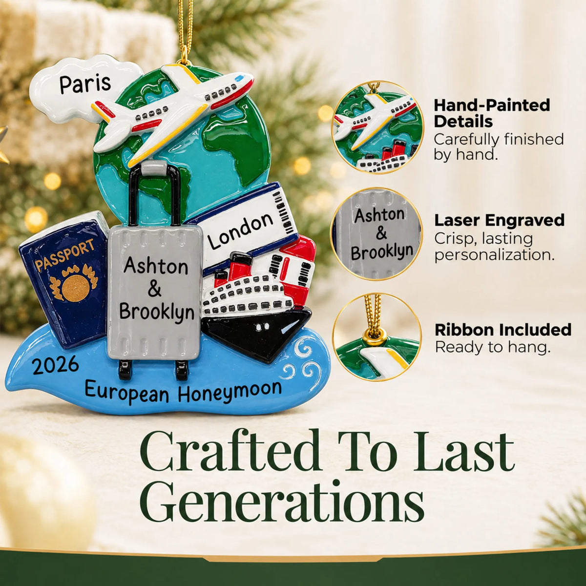 Hand-painted details and laser engraved personalization on the world traveler passport christmas ornament, ribbon included