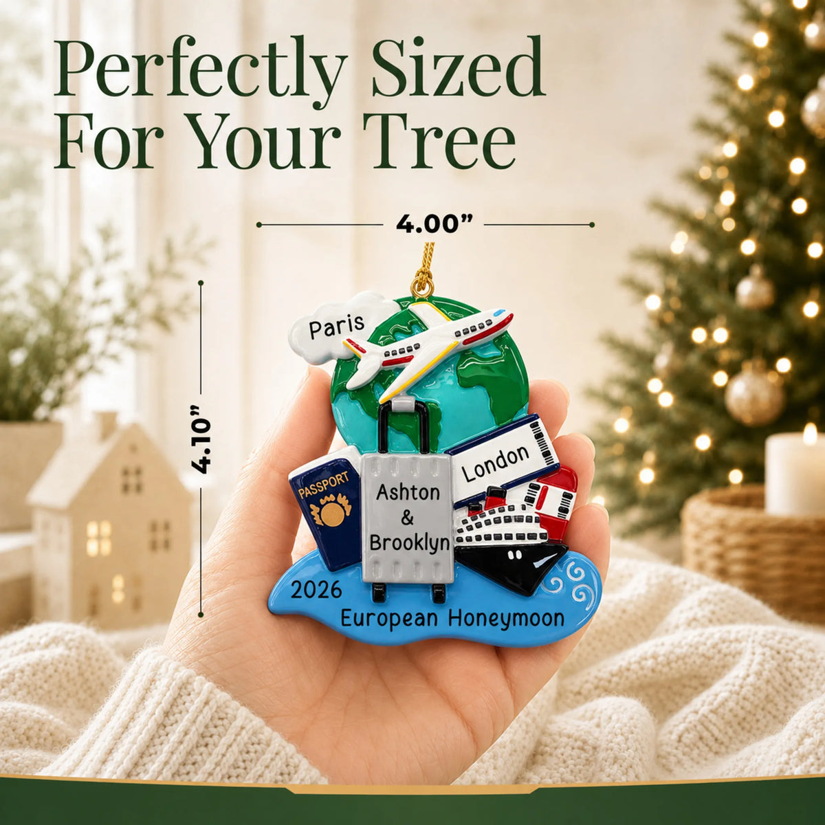 Size guide: the personalized world traveler passport christmas ornament is 4.00 in wide by 4.10 in tall, shown in hand