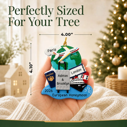 Size guide: the personalized world traveler passport christmas ornament is 4.00 in wide by 4.10 in tall, shown in hand