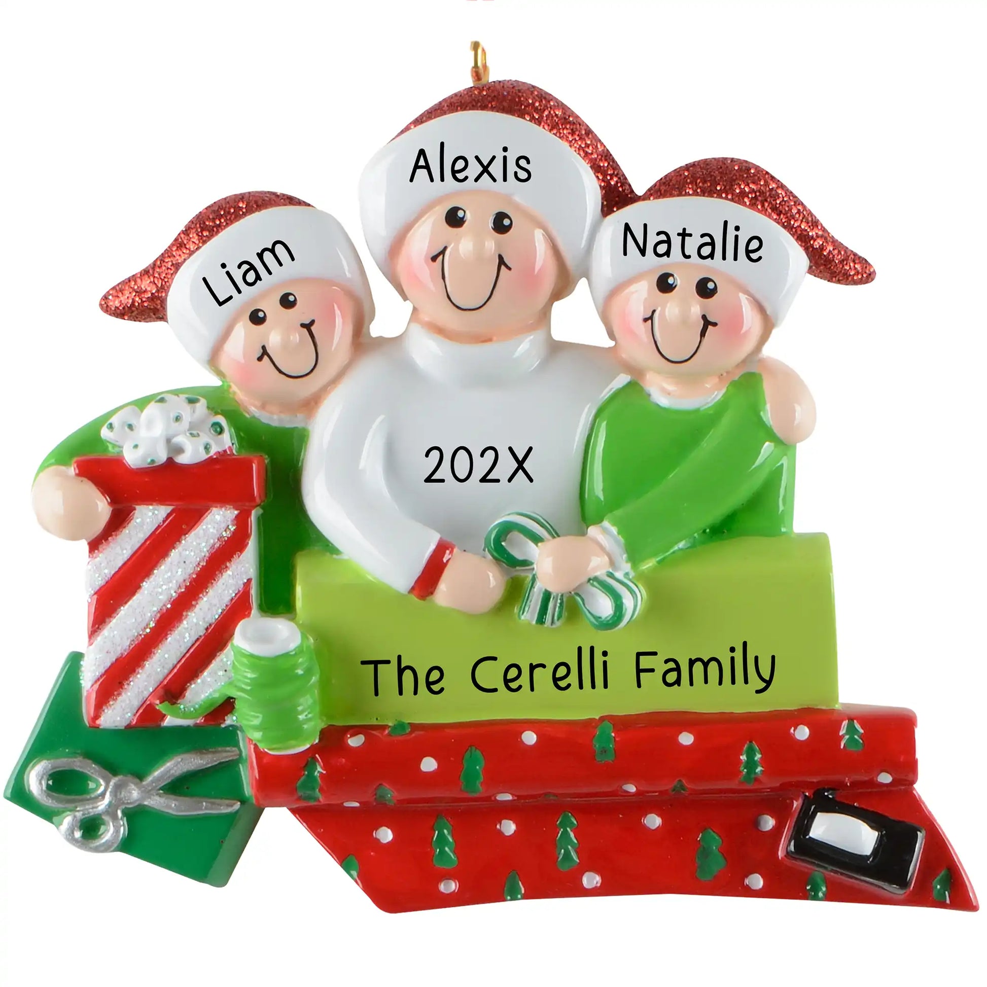 Personalized single parent with two kids Christmas ornament gift wrapping scene with banner area for custom names and year