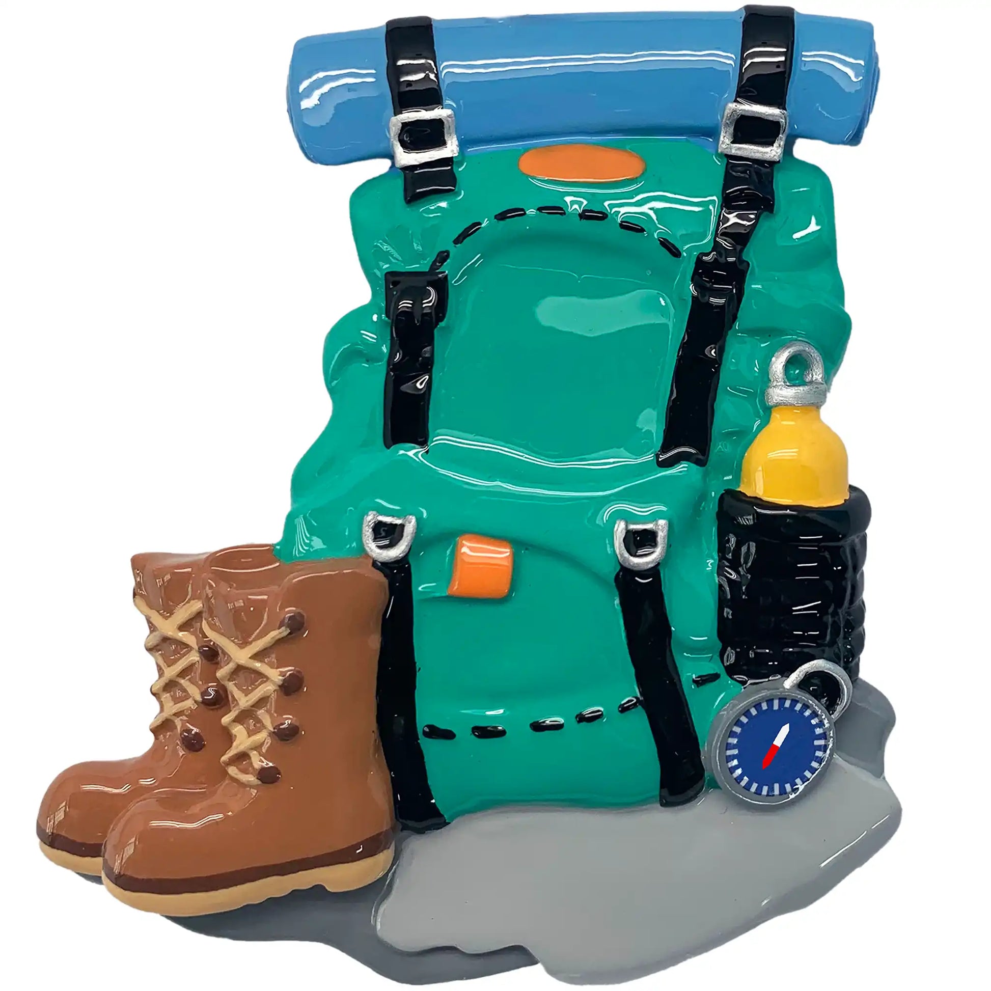 A personalized Christmas ornament of a teal hiking backpack with brown boots and a compass, featuring space for custom engraved names.